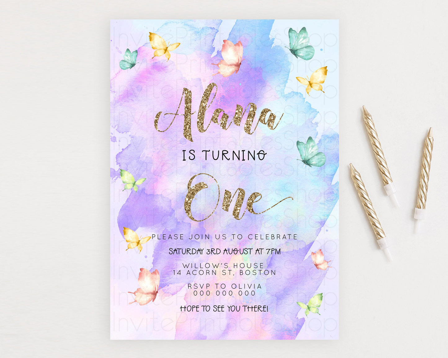 Pastel Butterfly Birthday Invitation Butterfly Birthday Invitation Colorful Splash Glitter Butterfly Garden 1st 2nd Birthday D23249