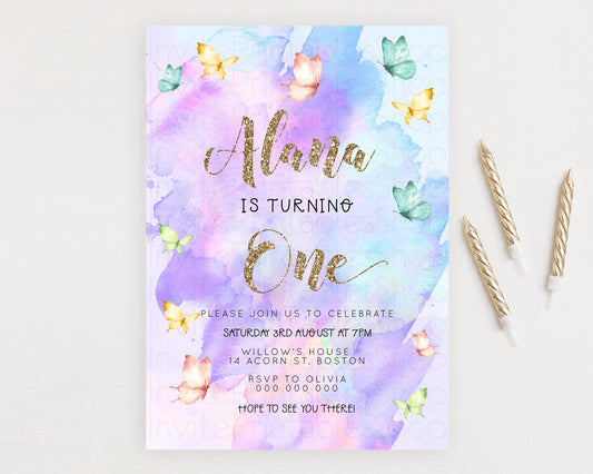 Pastel Butterfly Birthday Invitation Butterfly Birthday Invitation Colorful Splash Glitter Butterfly Garden 1st 2nd Birthday D23249