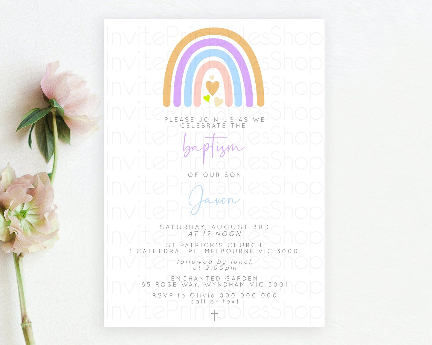 Pastel Rainbow Baptism Invitation Boho Rainbow Baptism 1st Birthday Invitation Rainbow Pastel Watercolor Christening Invitation D10238