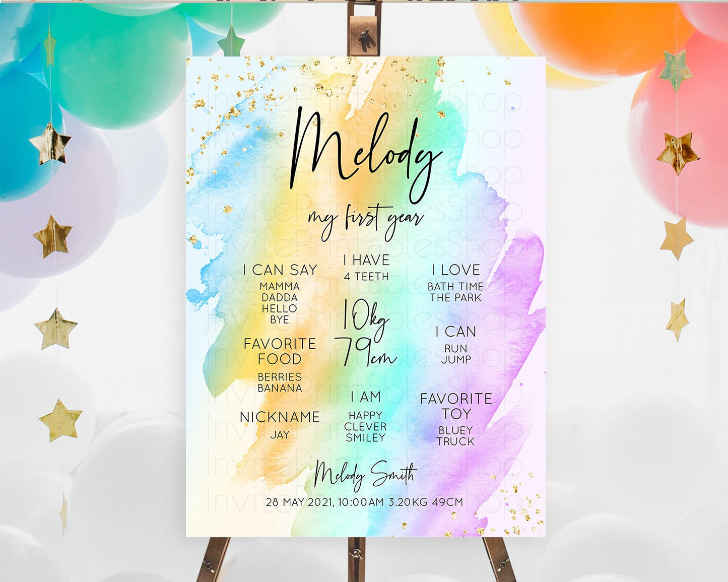 Pastel First Birthday Milestone Board Pastel Rainbow Milestone Poster Colorful Confetti Watercolor Glitter 1st Birthday Welcome Sign D10425