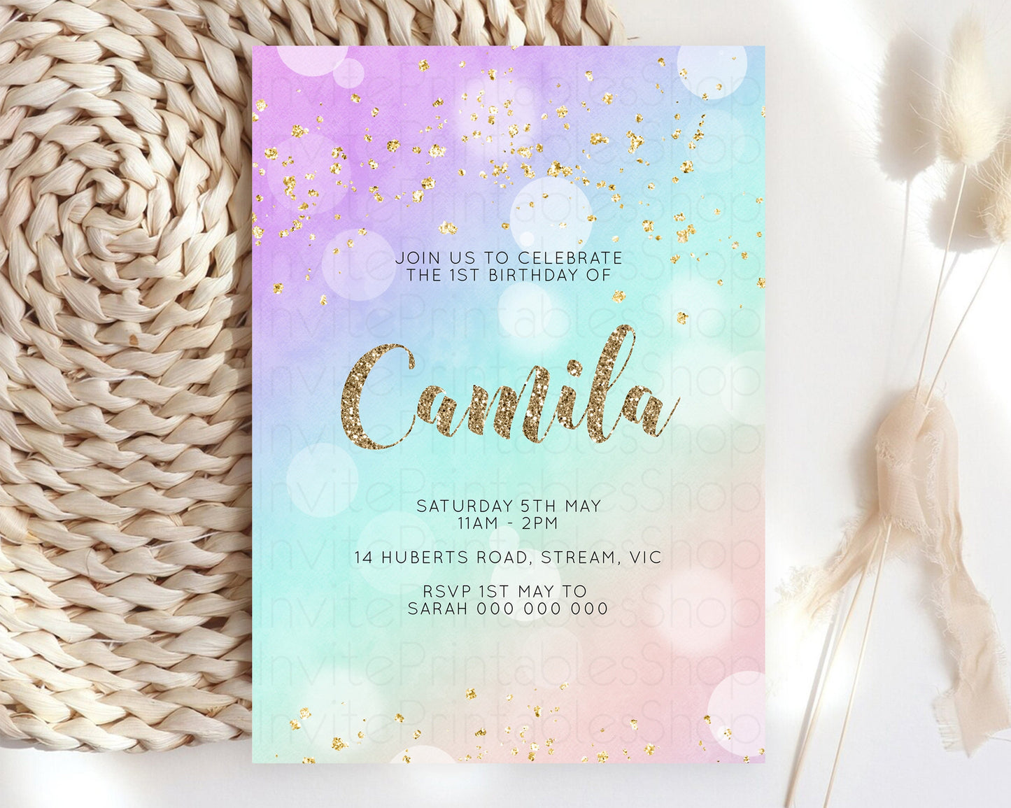 Rainbow Birthday Invitation Pastel Birthday Invite Ombre Watercolor Invite Enchanted Theme Colorful Splash Glitter Sprinkles 1st 2nd 3rd