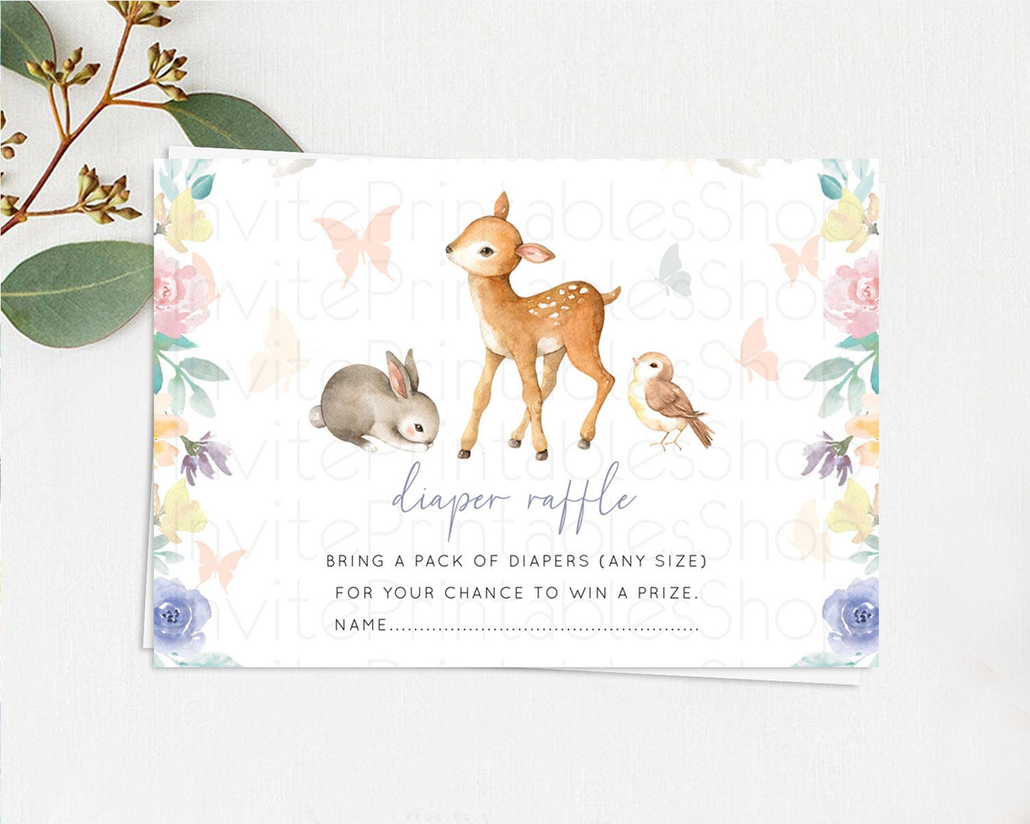 Fawn Diaper Raffle Card Deer Diaper Insert Floral Deer Diaper Ticket Enchanted Forest Butterfly Pastel Baby Shower Raffle Game D10930