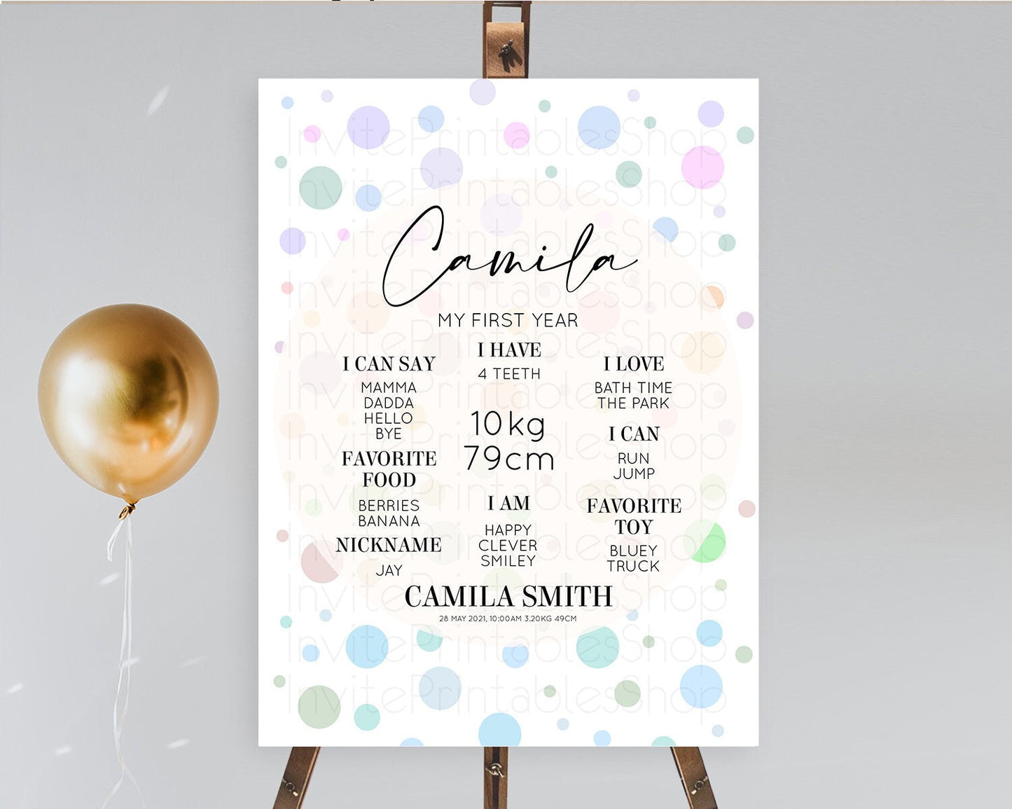 Pastel First Birthday Milestone Poster Pastel Rainbow Confetti First Birthday Milestone Board Colorful Bubbles Birthday Welcome Sign D10135