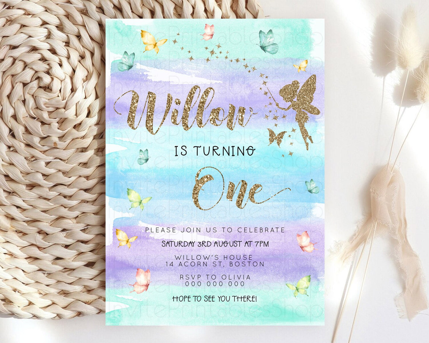 Pastel Fairy Birthday Invitation Pastel Butterflies Fairy Birthday Invitation Rainbow Ombre Watercolor 1st 2nd Birthday Invitation D23317
