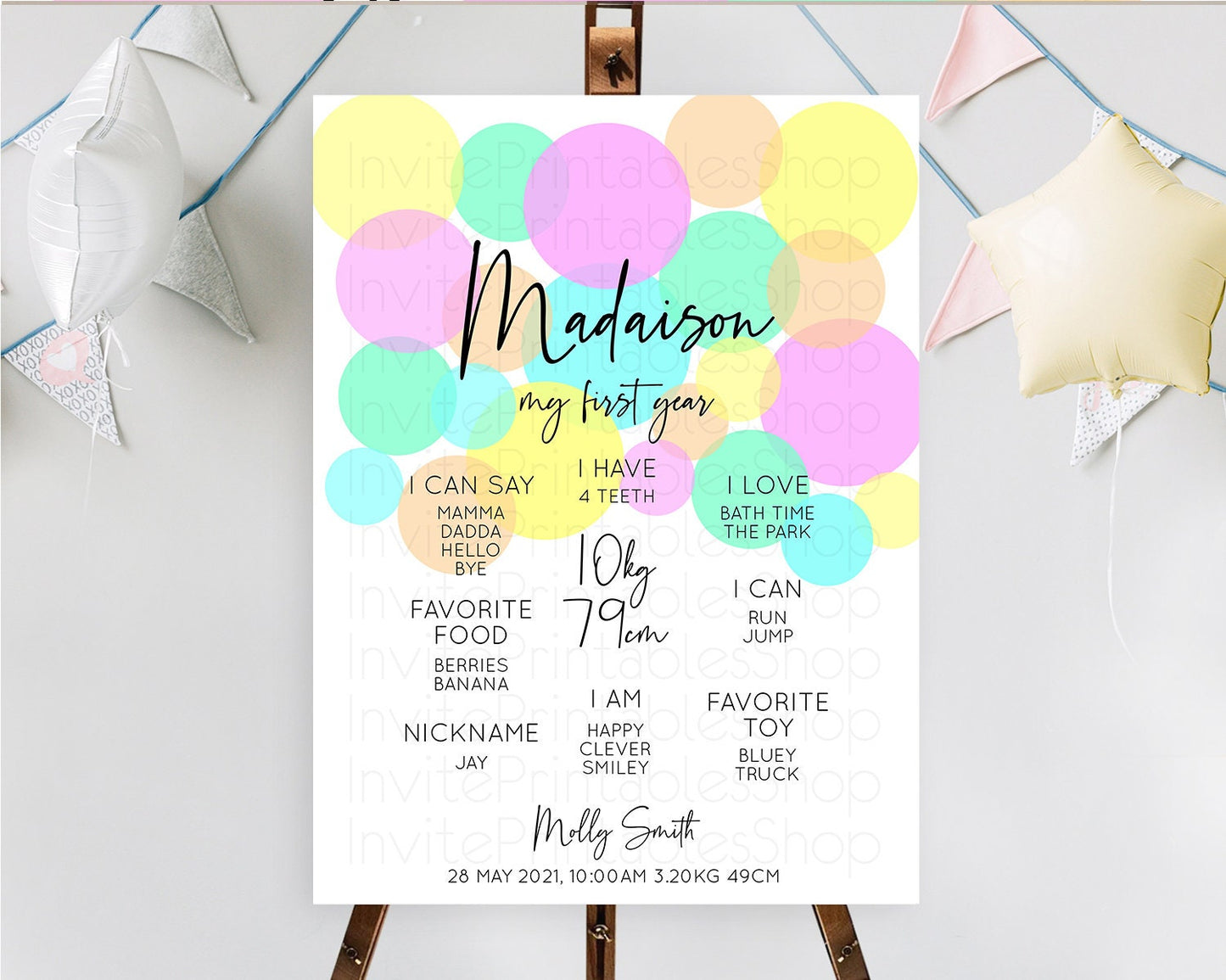 Pastel First Birthday Milestone Poster Pastel Rainbow Confetti First Birthday Milestone Board Colorful Bubbles Birthday Welcome Sign D10410