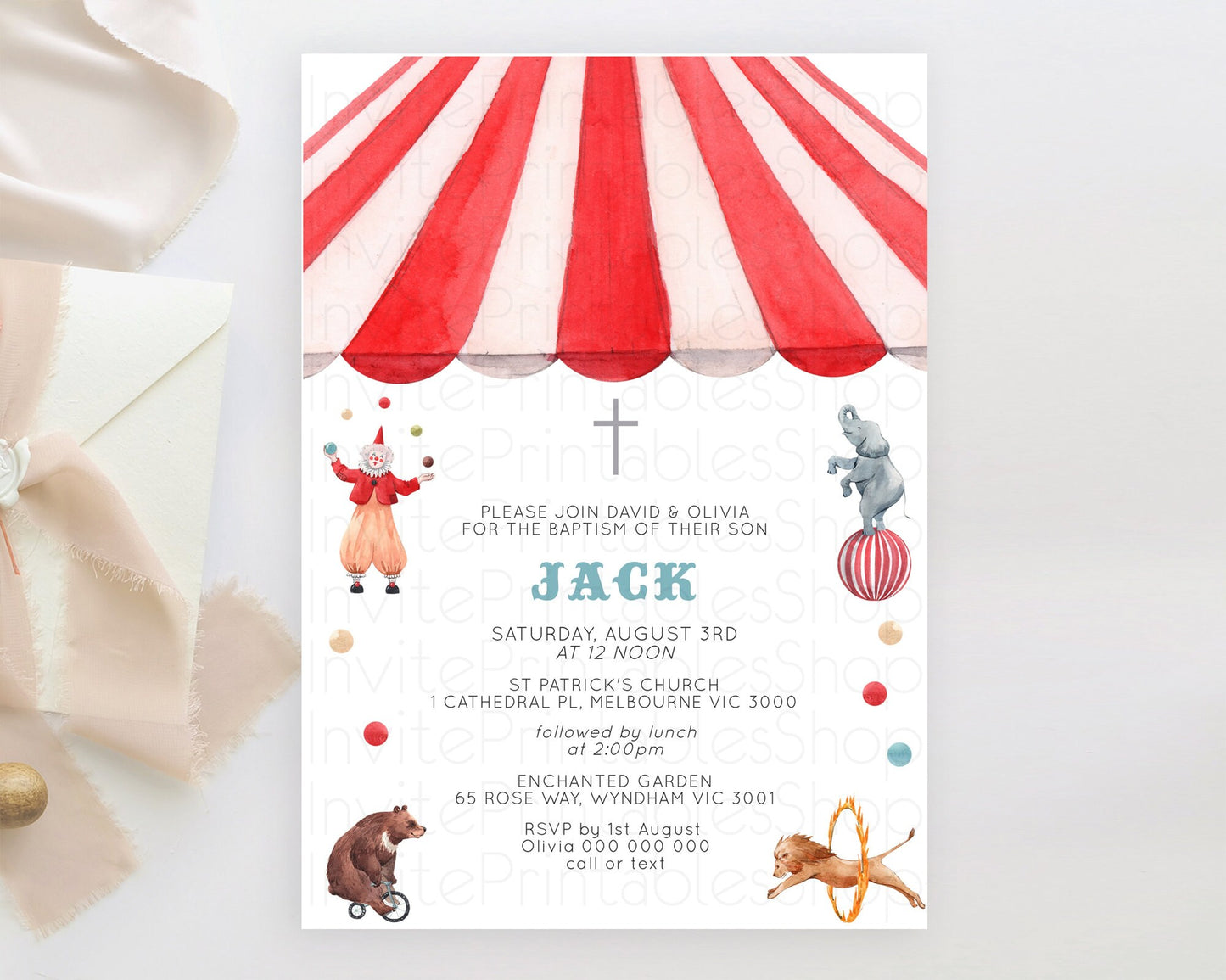 Circus Baptism Invitation Carnival Baptism 1st Birthday Invitation Clown Circus Lion Christening Invitation Circus Tent Elephant D10533