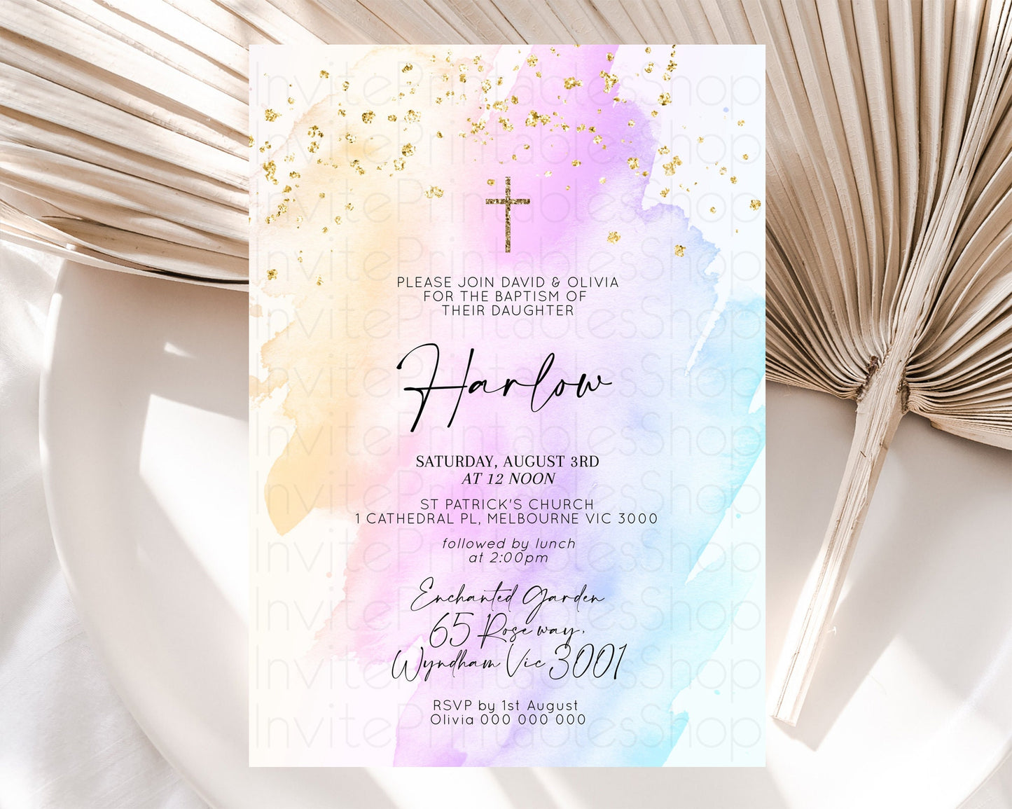 Pastel Baptism Invitation Pastel Colors Watercolor Baptism 1st Birthday Party Gold Ombre Pastel Rainbow Christening Holy Communion D10175