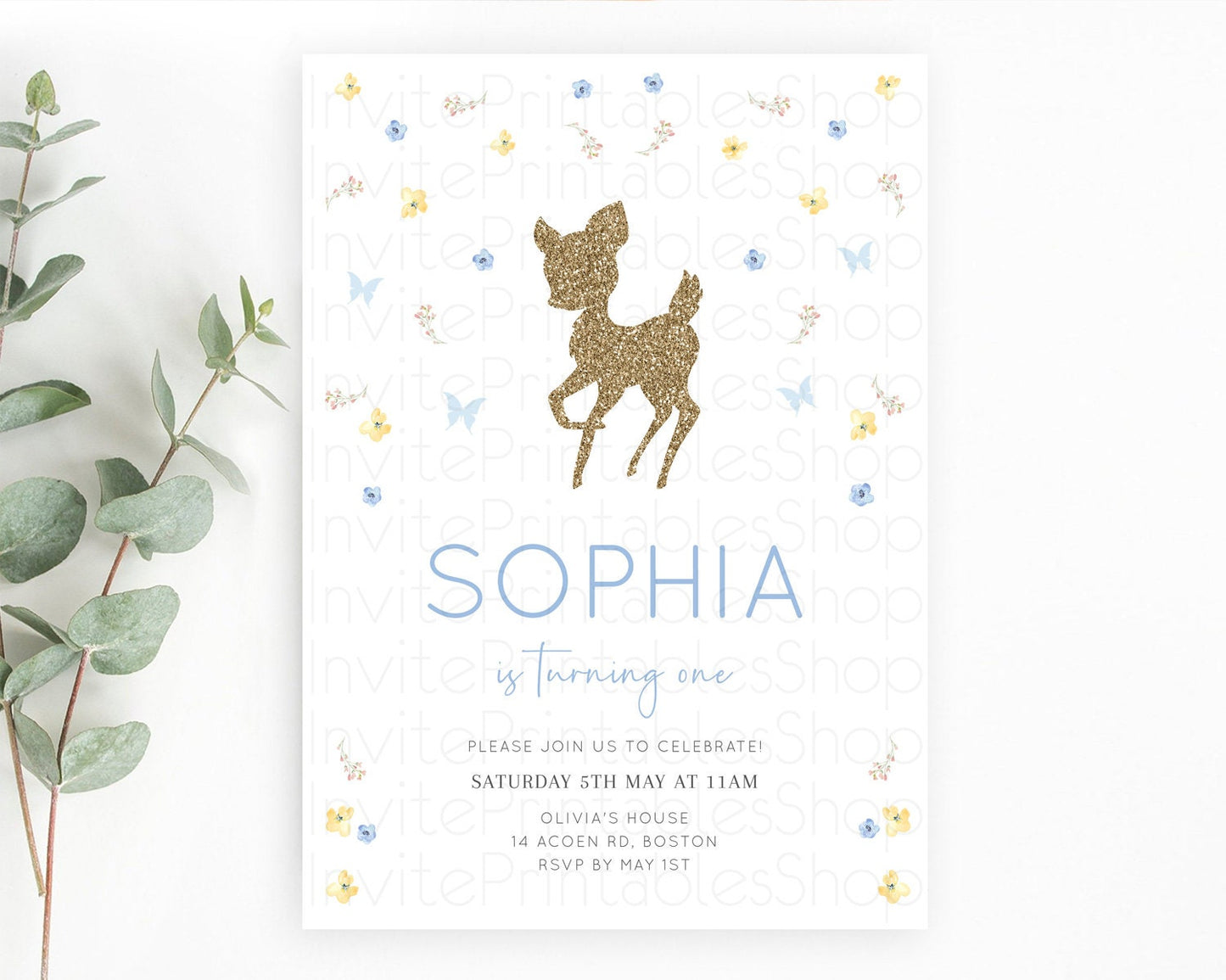 Fawn Birthday Invitation Deer Birthday Invitation Enchanted Forest Party Butterfly Pastel Flowers Whimsical 2nd 1st First Birthday D10360