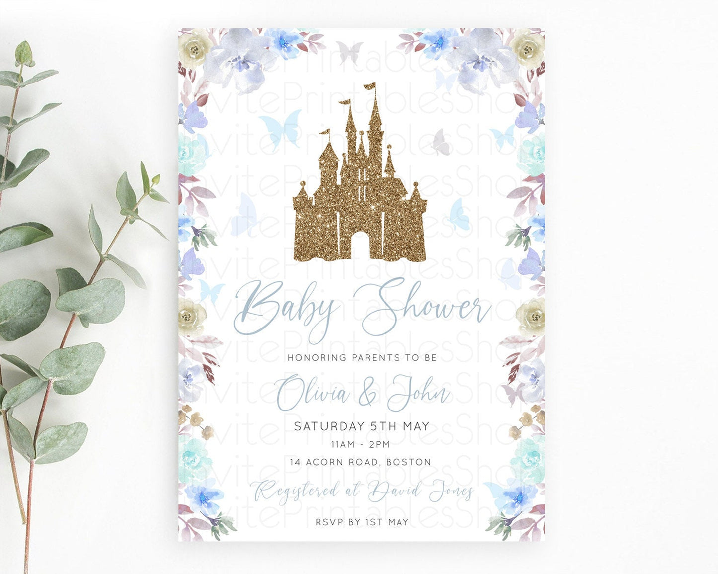 Enchanted Castle Baby Shower Invitation, Whimsical, Secret Garden Theme, Blue Grey Flowers, Soft Floral, Glitter Castle, Butterflies D10932