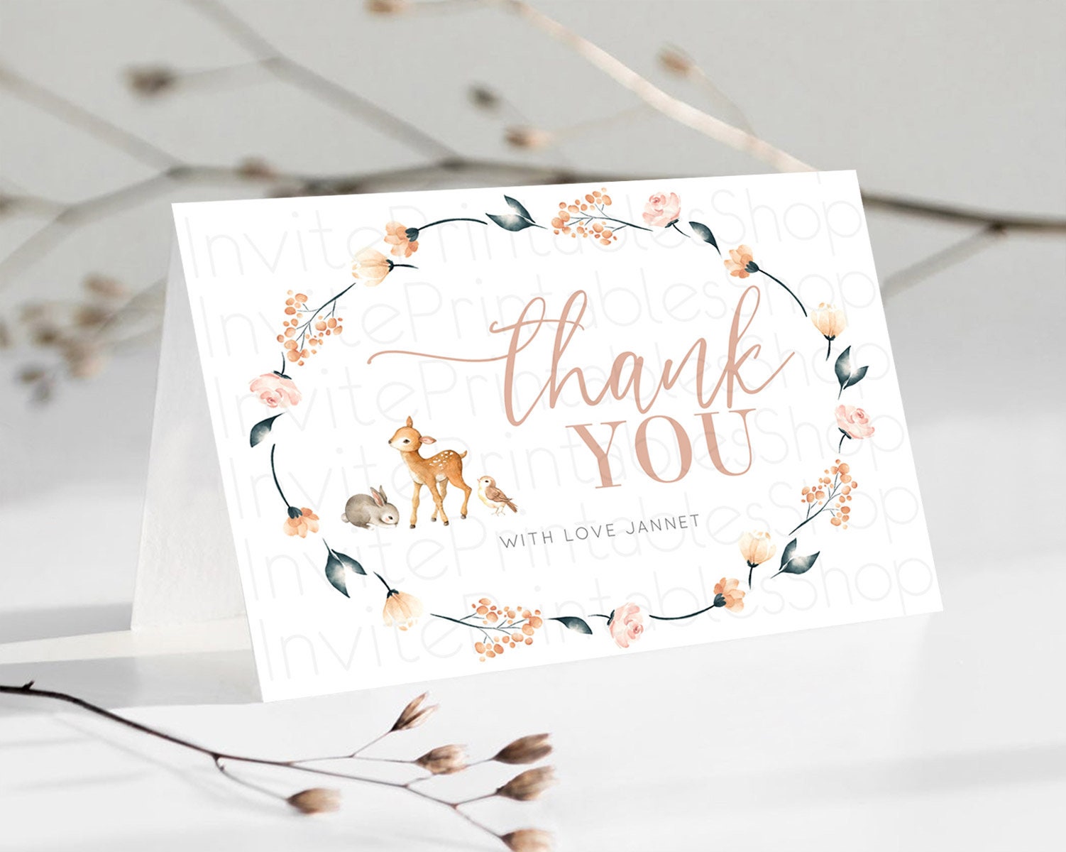Editable Fawn Thank You Deer Thank You Card Pastel Floral Deer Birthday Than
