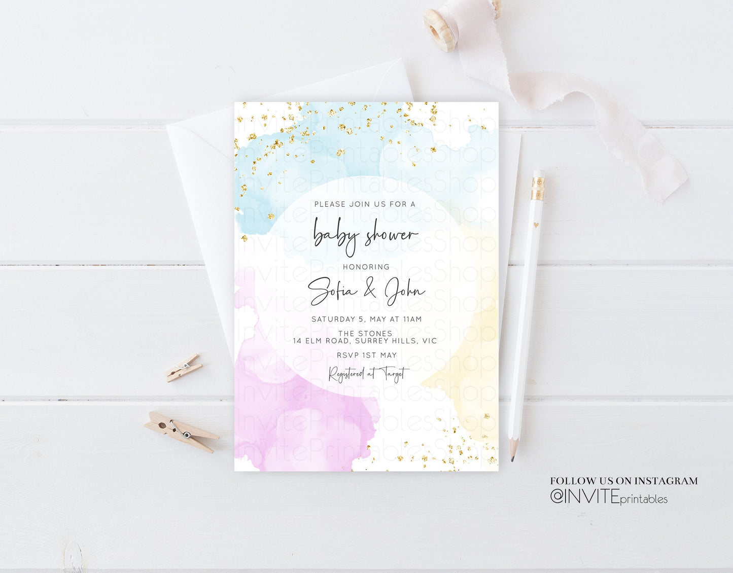 Colorful Rainbow Baby Shower Invitation Watercolor Splash Ink Pastel Rainbow Blue Yellow Pink Gender Reveal Neutral Editable Invite Template