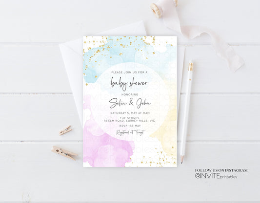 Colorful Rainbow Baby Shower Invitation Watercolor Splash Ink Pastel Rainbow Blue Yellow Pink Gender Reveal Neutral Editable Invite Template