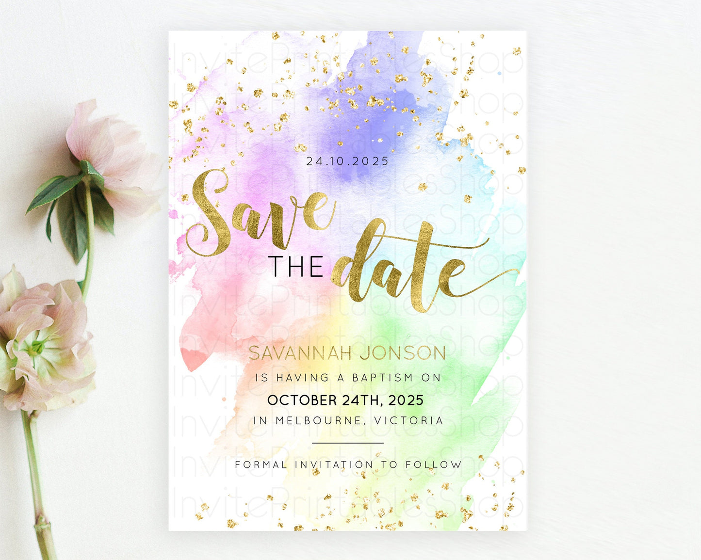 Pastel Save The Date Template Pastel Ombre Rainbow Watercolor Colorful Party For Birthday Baptism Baby Shower Wedding Bridal Shower D10876