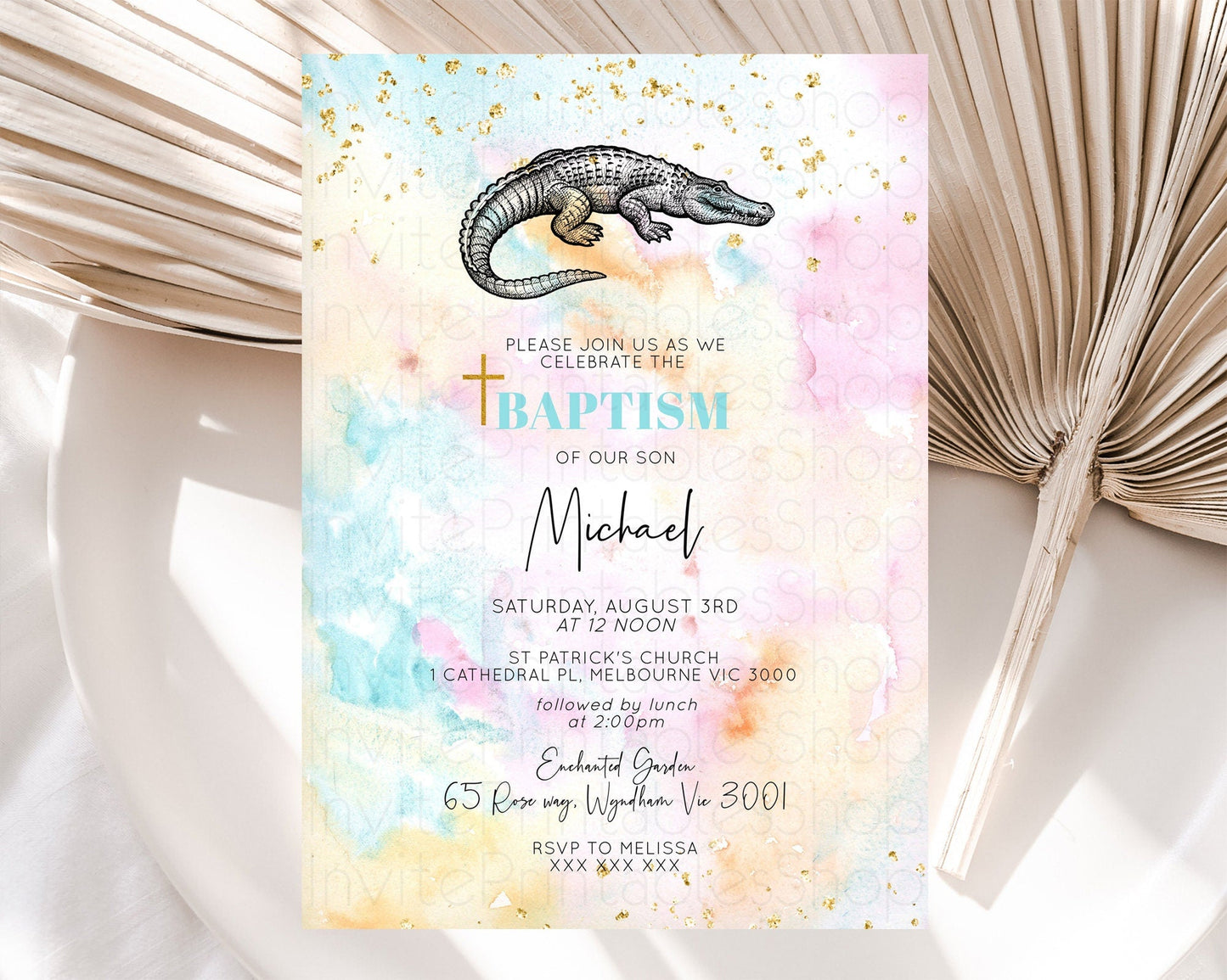 Crocodile Baptism Invitation Alligator Baptism 1st Birthday Invitation Pastel Watercolor Alligator Crocodile Christening Invitation D10285