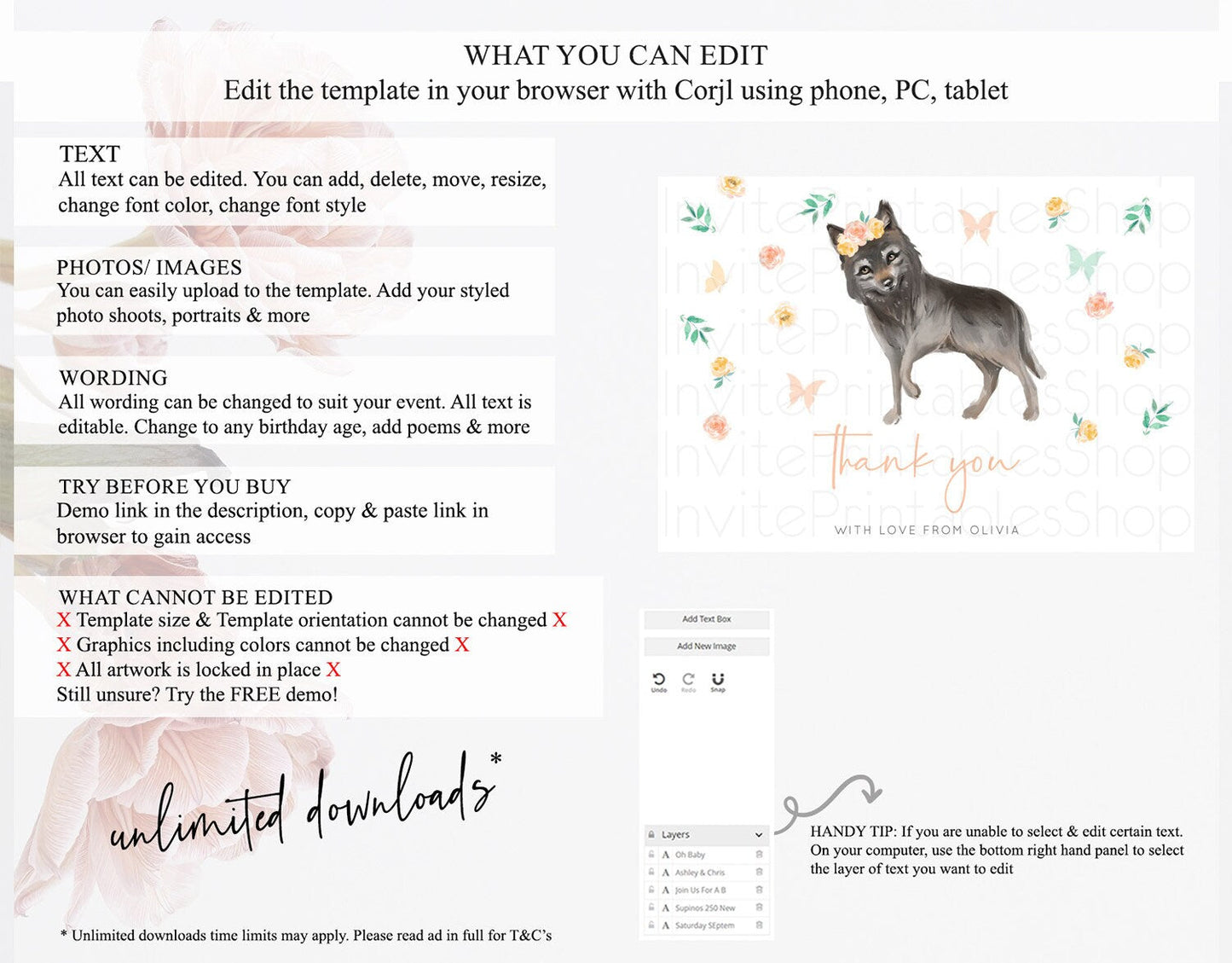 Wolf Thank You Wolf Thank You Card Pastel Floral Wolf Birthday Thank You Card Forest Wolf Party Decor Wolf Birthday Thank You Cards D10362