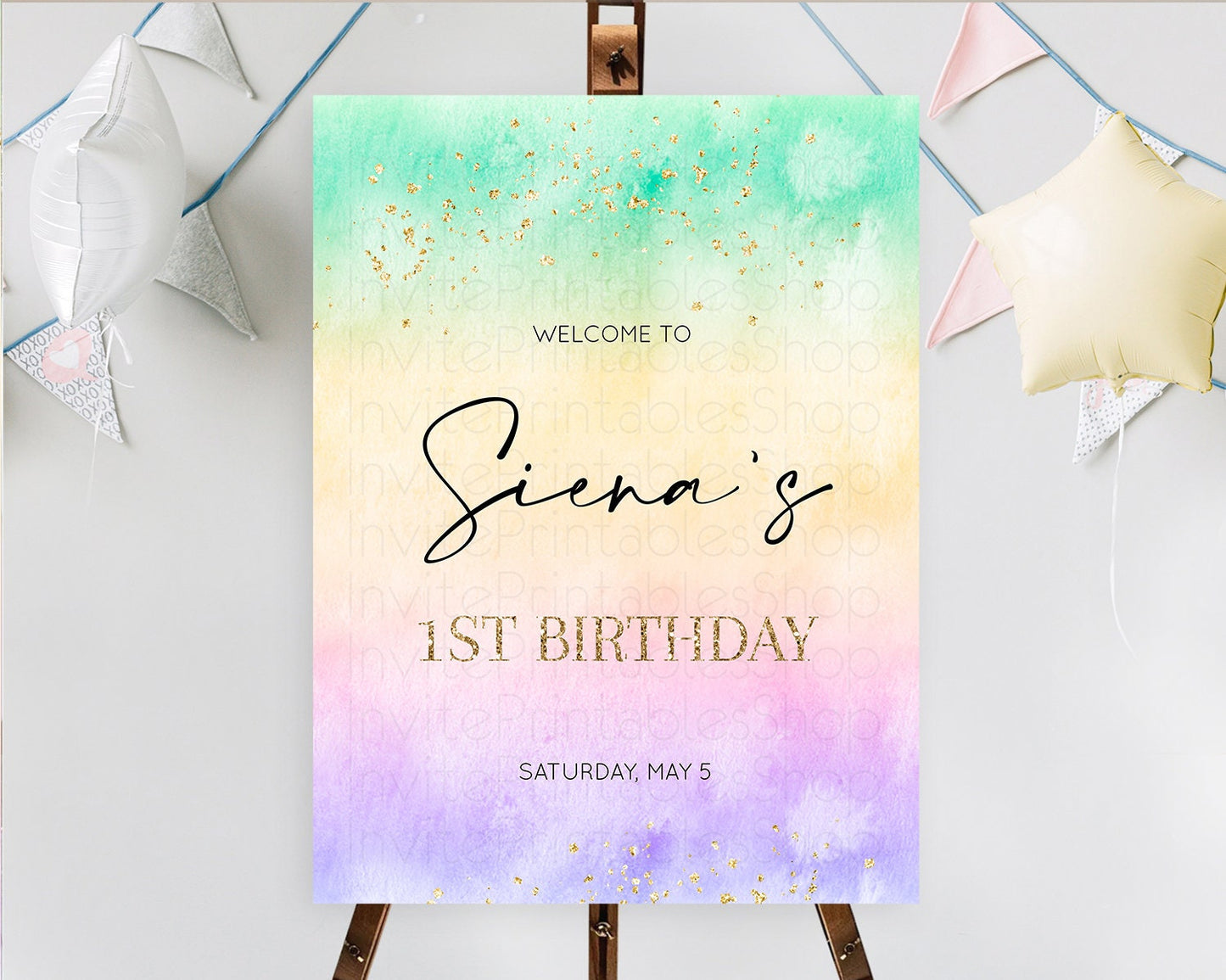 Pastel Welcome Sign Pastel Rainbow Welcome Sign Colorful Rainbow Confetti Watercolor Glitter Pastel First Birthday Welcome Sign D10481