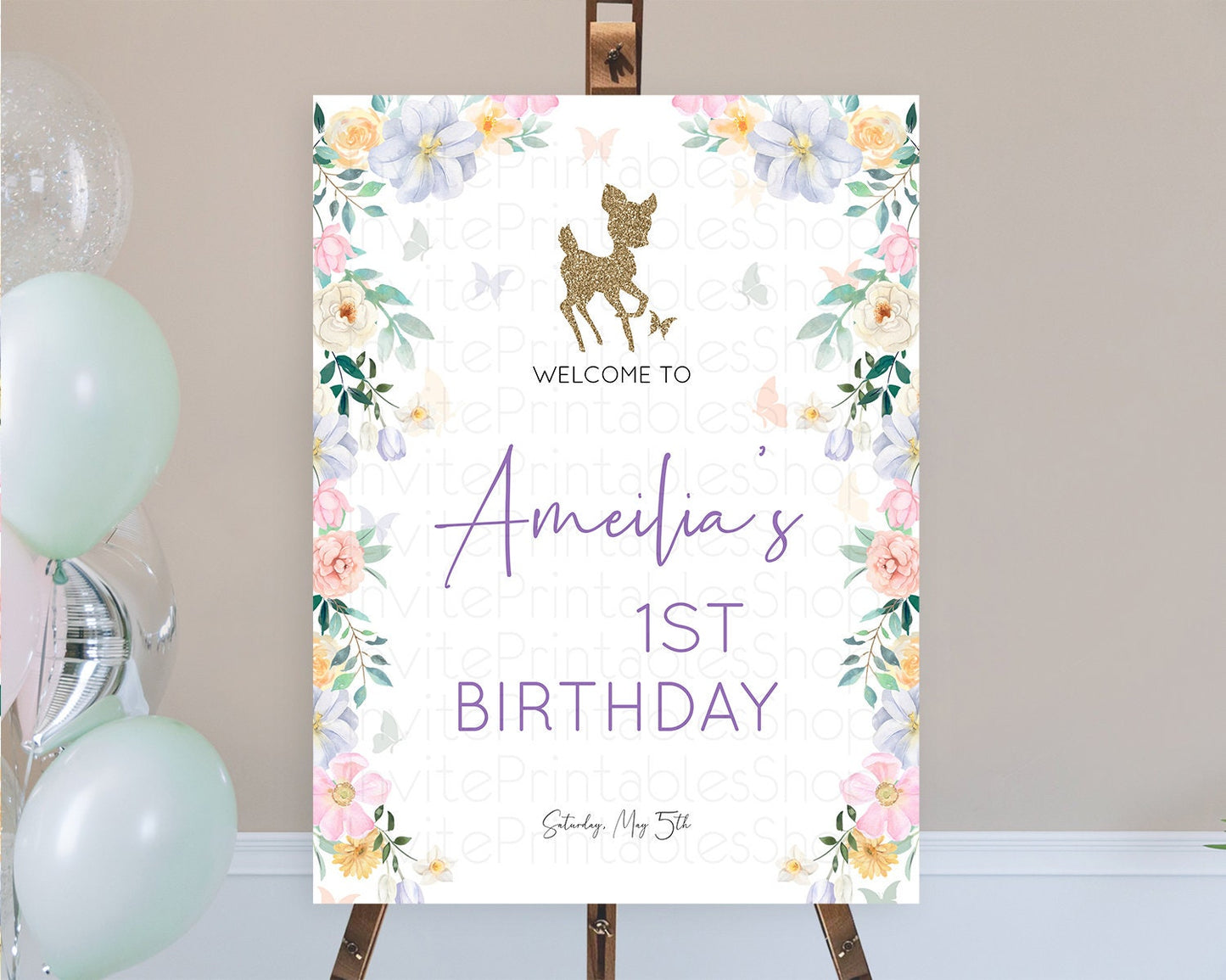Fawn Welcome Sign Deer Welcome Board Floral Deer Welcome Poster Enchanted Forest Butterfly Pastel Floral First Birthday Welcome Sign D10477