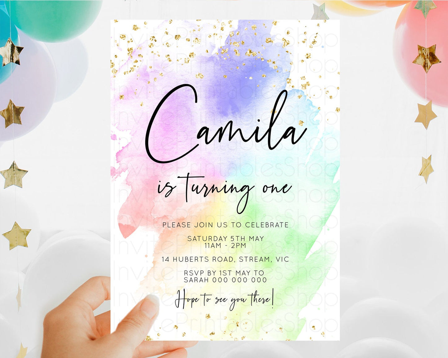 Rainbow Birthday Invitation Colorful Pastel Watercolor Invitation Gold Glitter Sprinkles Ombre Pastel 1st 2nd 3rd Birthday D10316