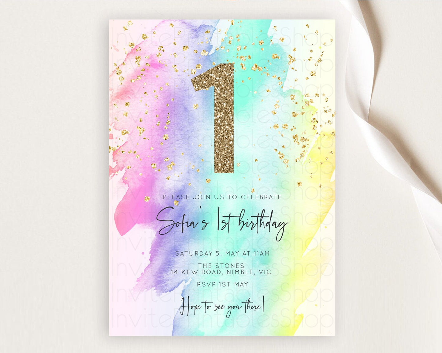 Rainbow Birthday Invitation Colorful Pastel Watercolor Invitation Gold Glitter Sprinkles Ombre Pastel 1st 2nd 3rd Birthday D10231