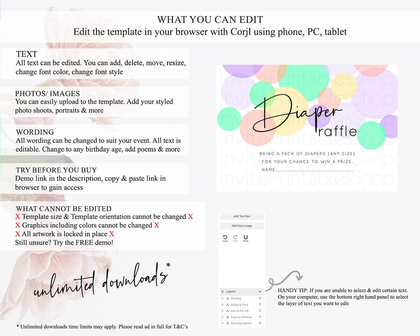 Rainbow Diaper Raffle Card Pastel Sprinkles Diaper Raffle Insert Rainbow Confetti Diaper Ticket Colorful Bubbles Pastel Raffle Game D10380