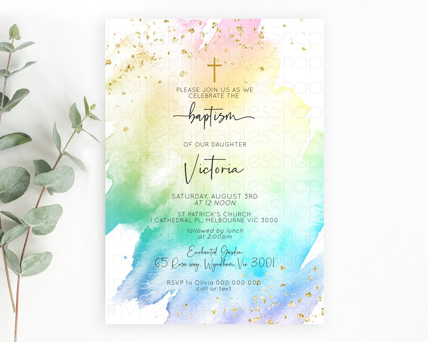 Pastel Baptism Invitation Pastel Colors Watercolor Baptism 1st Birthday Party Gold Ombre Pastel Rainbow Christening Holy Communion D10256