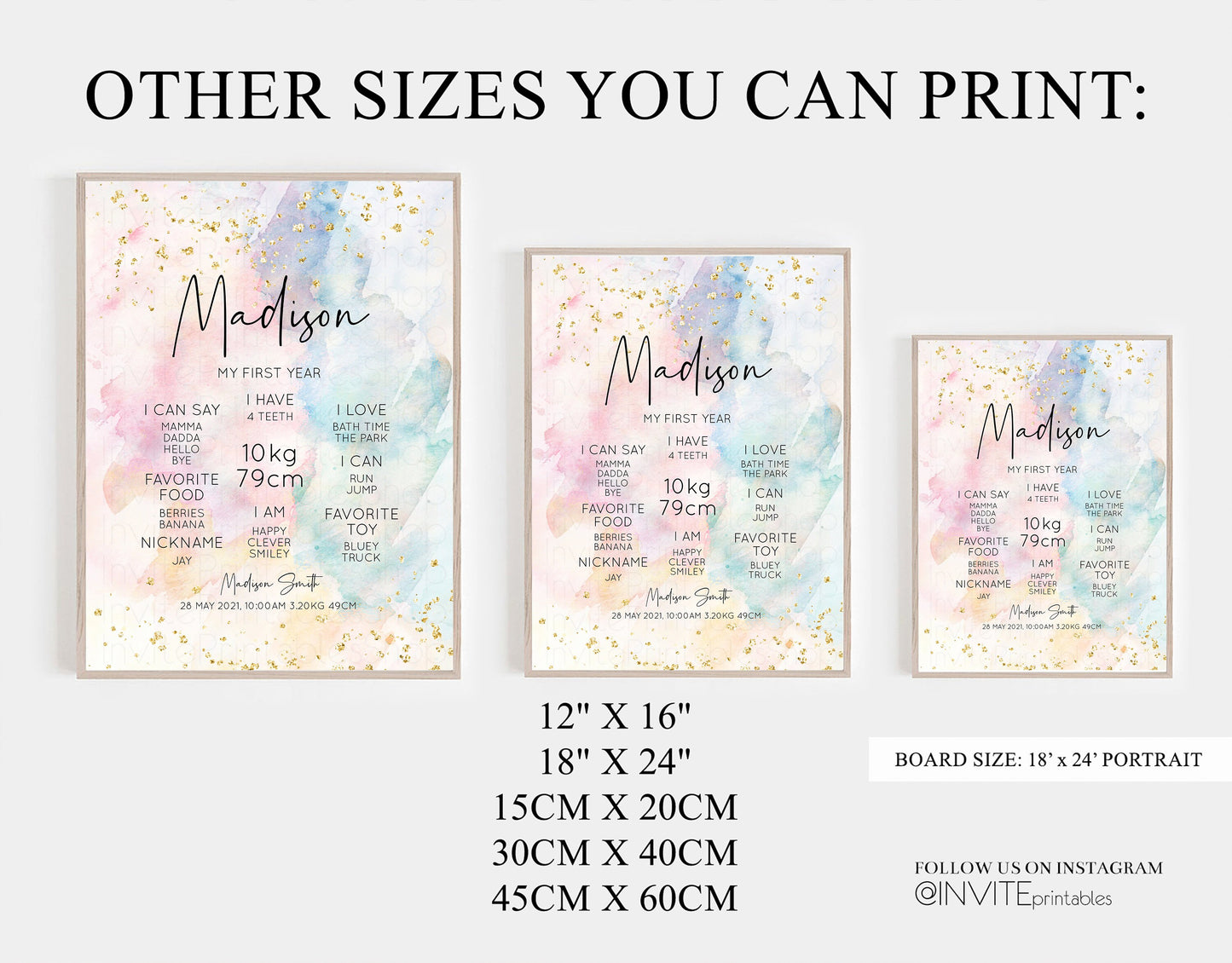 Pastel First Birthday Milestone Board Pastel Rainbow Milestone Poster Watercolor Glitter One Year Poster Colorful Splash Baby 1st Year 276