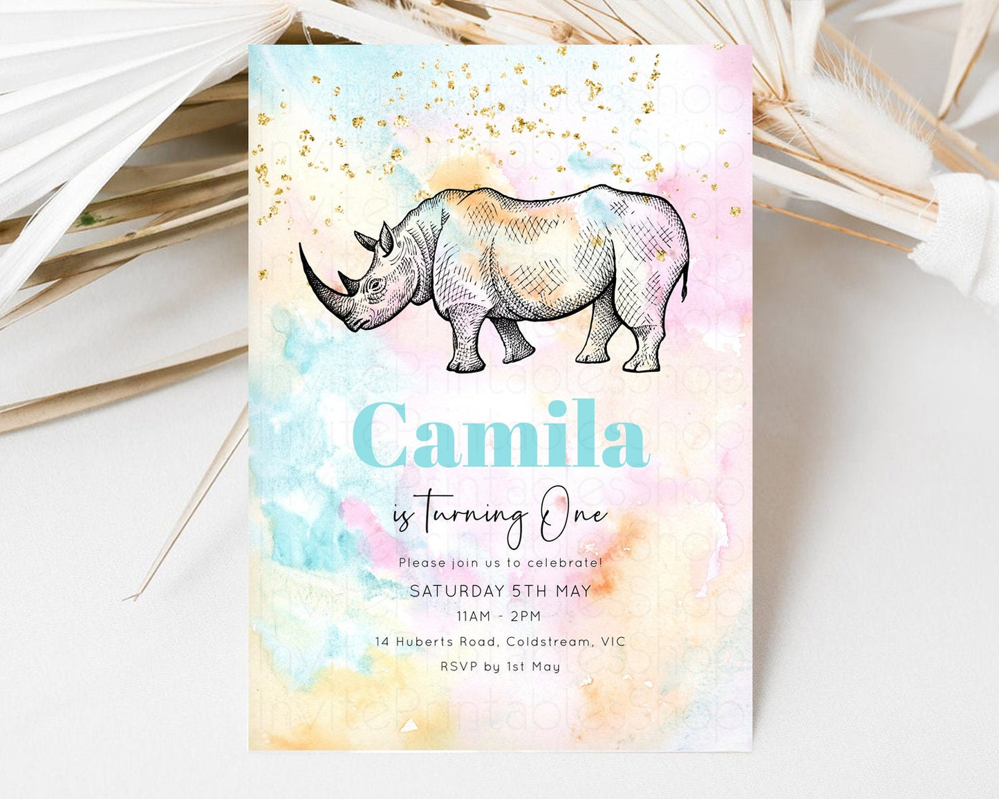 Editable Pastel Rhinoceros Birthday Invitation Pastel Rhino Invite Rainbow R