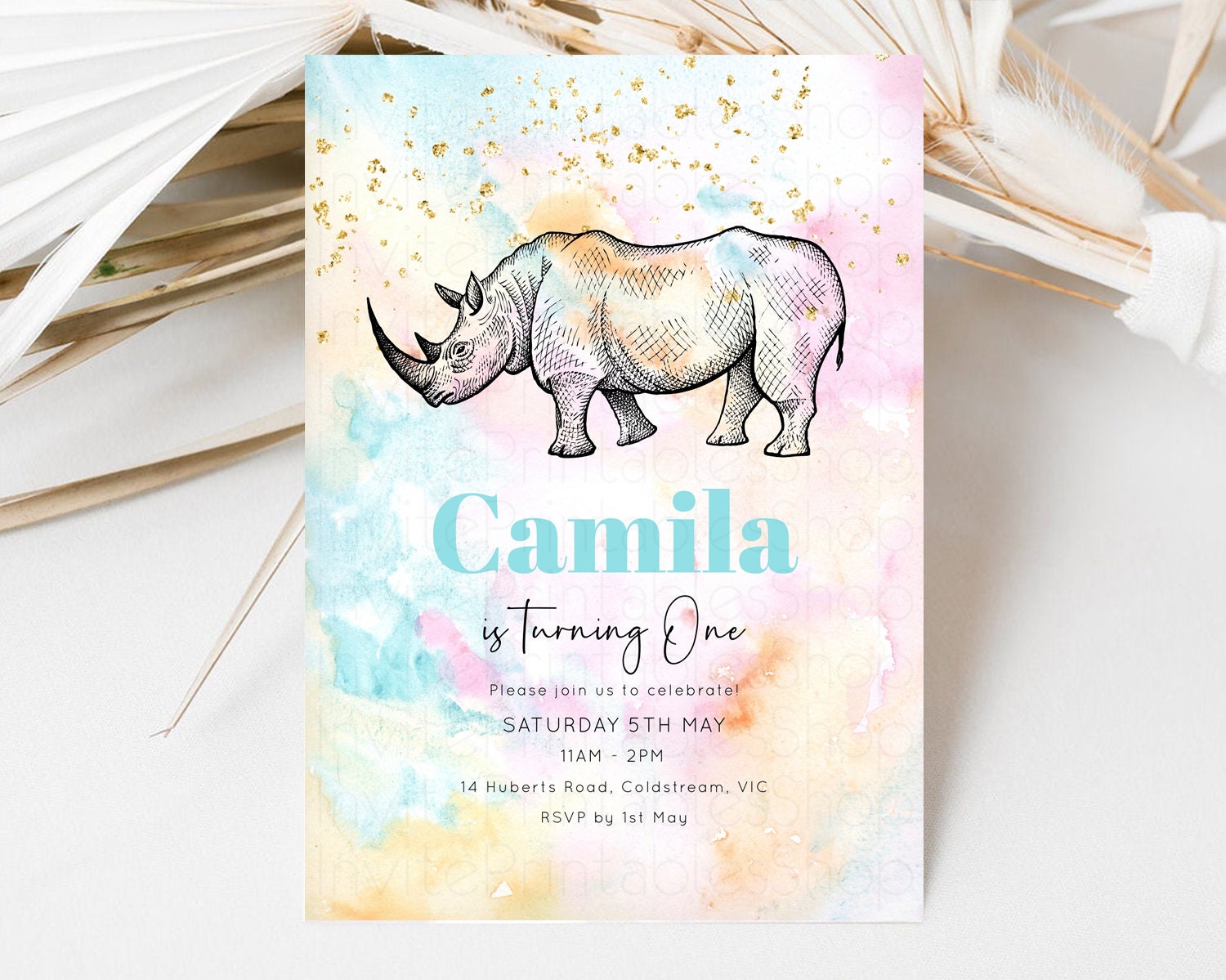 Editable Pastel Rhinoceros Birthday Invitation Pastel Rhino Invite Rainbow R