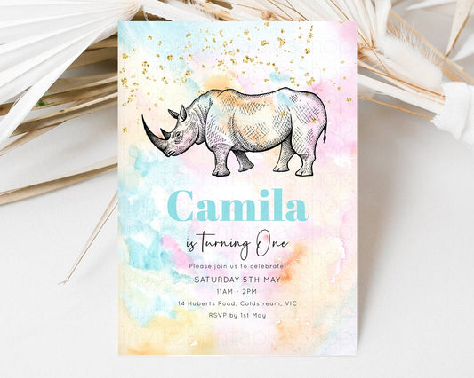 Editable Pastel Rhinoceros Birthday Invitation Pastel Rhino Invite Rainbow R