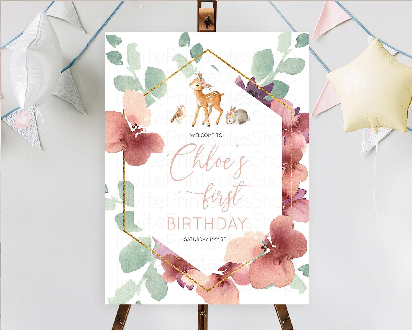 Fawn Welcome Sign Deer Welcome Board Floral Deer Welcome Poster Enchanted Forest Butterfly Pastel Floral First Birthday Welcome Sign D10913