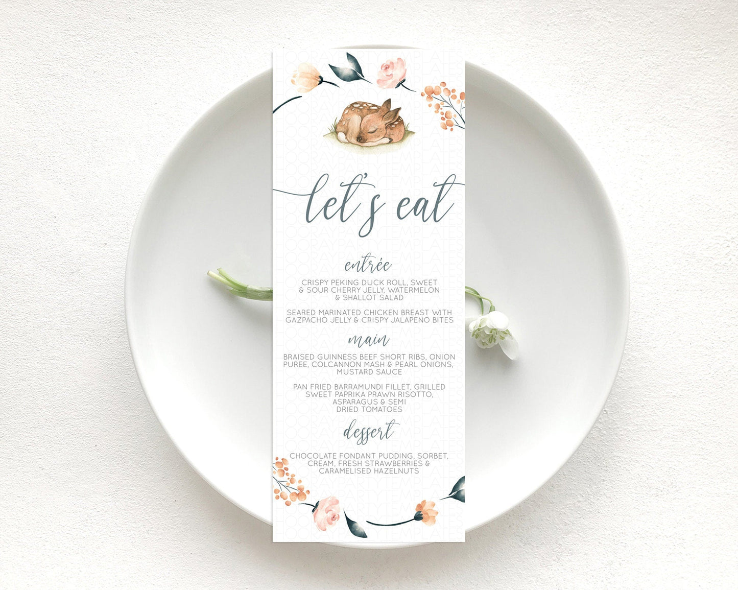 Fawn Menu Deer Menu Template Pastel Floral Deer Table Decor Enchanted Forest Butterfly Floral Dinner Dessert Menu Party Food Menu D10790
