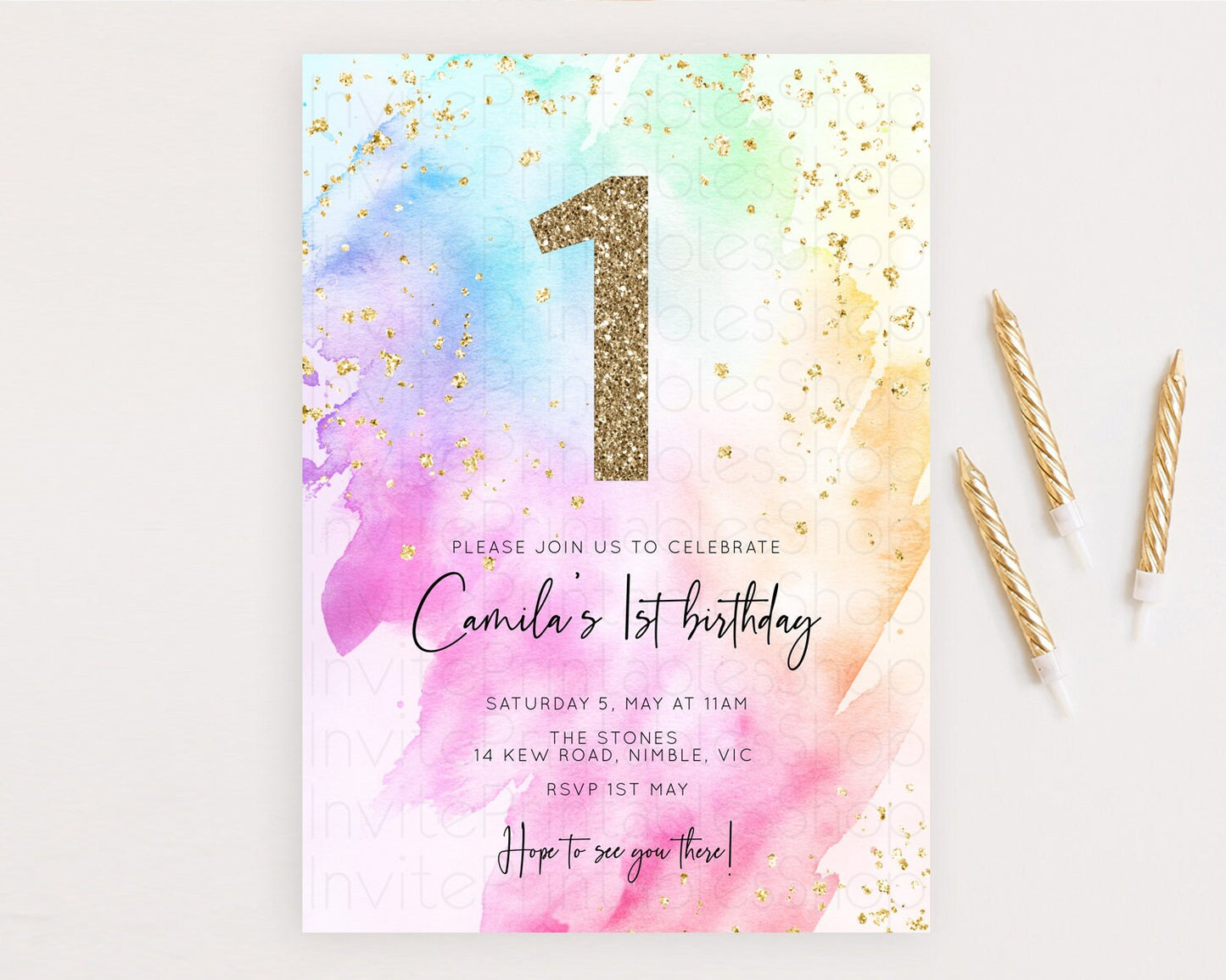 Rainbow Birthday Invitation Colorful Pastel Watercolor Invitation Gold Glitter Sprinkles Ombre Pastel 1st 2nd 3rd Birthday D10449