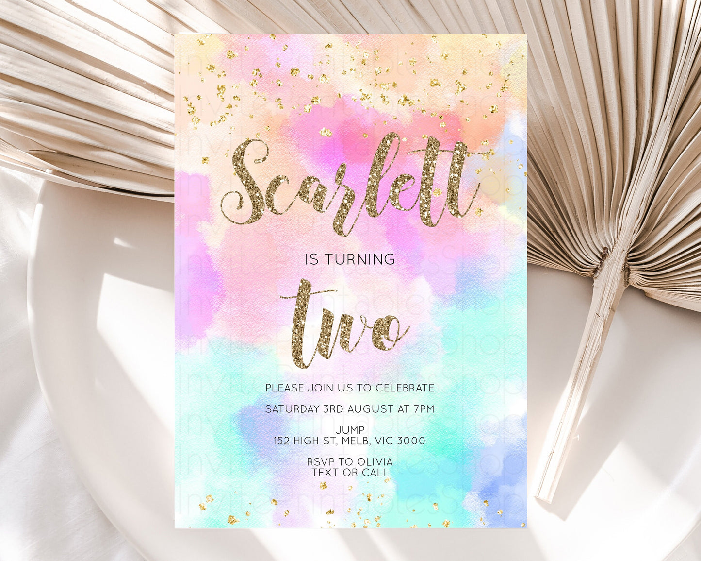 Rainbow Birthday Invitation Pastel Birthday Invite Ombre Watercolor Invite Enchanted Theme Colorful Splash Glitter Sprinkles 1st 2nd 3rd