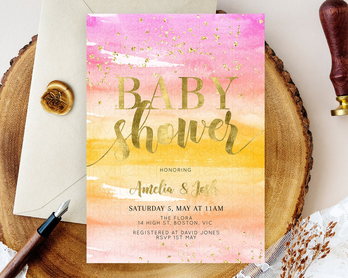 Pastel Baby Shower Invitation Rainbow Baby Shower Invitation Colorful Pastel Watercolor Invitation Gold Glitter Sprinkles Ombre D10520