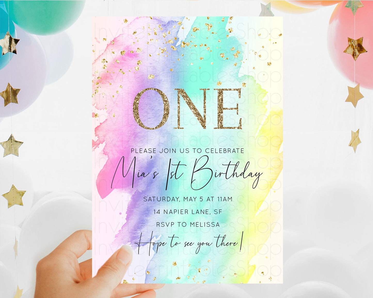 Rainbow Birthday Invitation Colorful Pastel Watercolor Invitation Gold Glitter Sprinkles Ombre Pastel 1st 2nd 3rd Birthday D10231