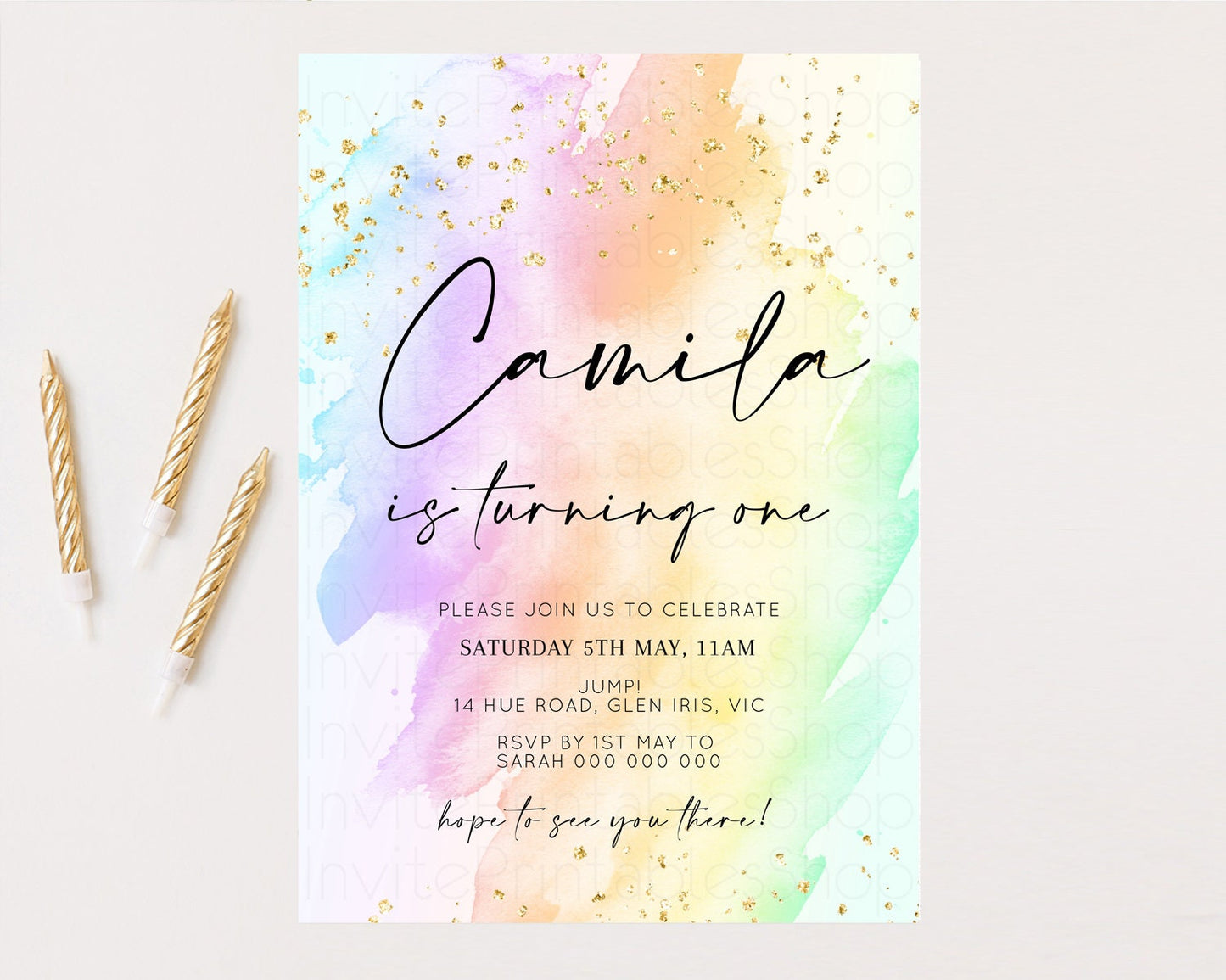 Rainbow Birthday Invitation Glitter Pastel Invitation Colorful Watercolor Gold Foil Splatter Sprinkle Ombre 1st 2nd 3rd Birthday Invite t602