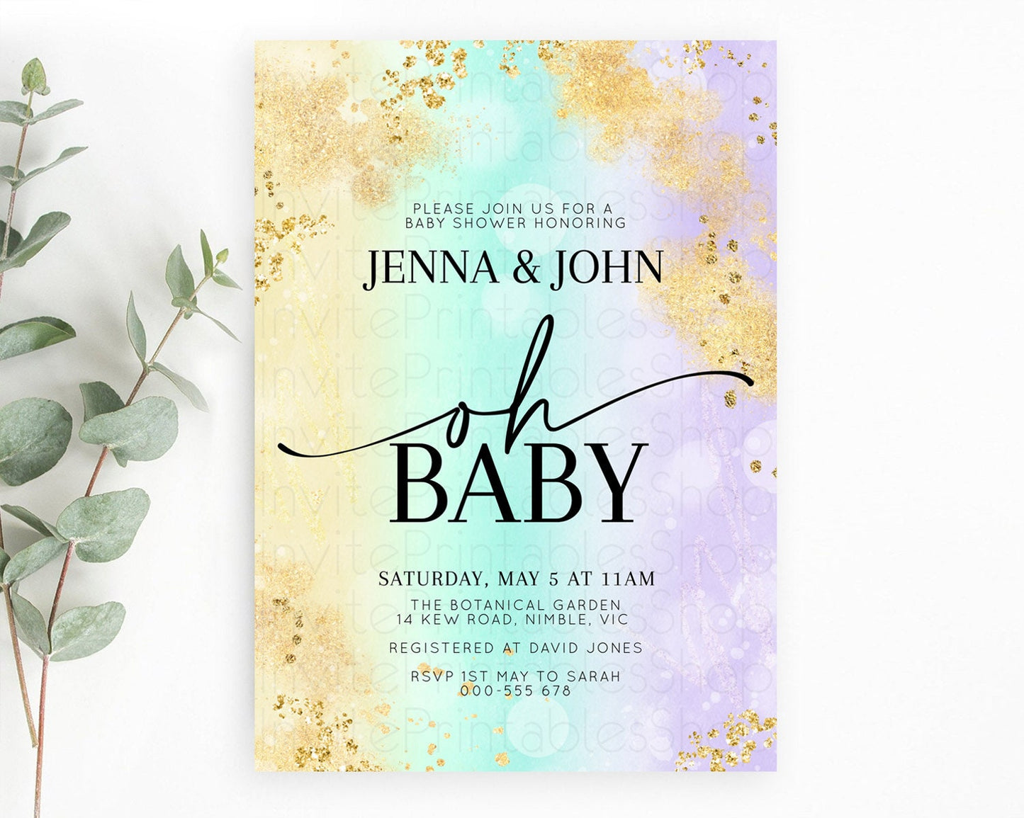 Pastel Baby Shower Invitation Rainbow Baby Shower Invitation Colorful Pastel Watercolor Invitation Gold Glitter Sprinkles Ombre D10672