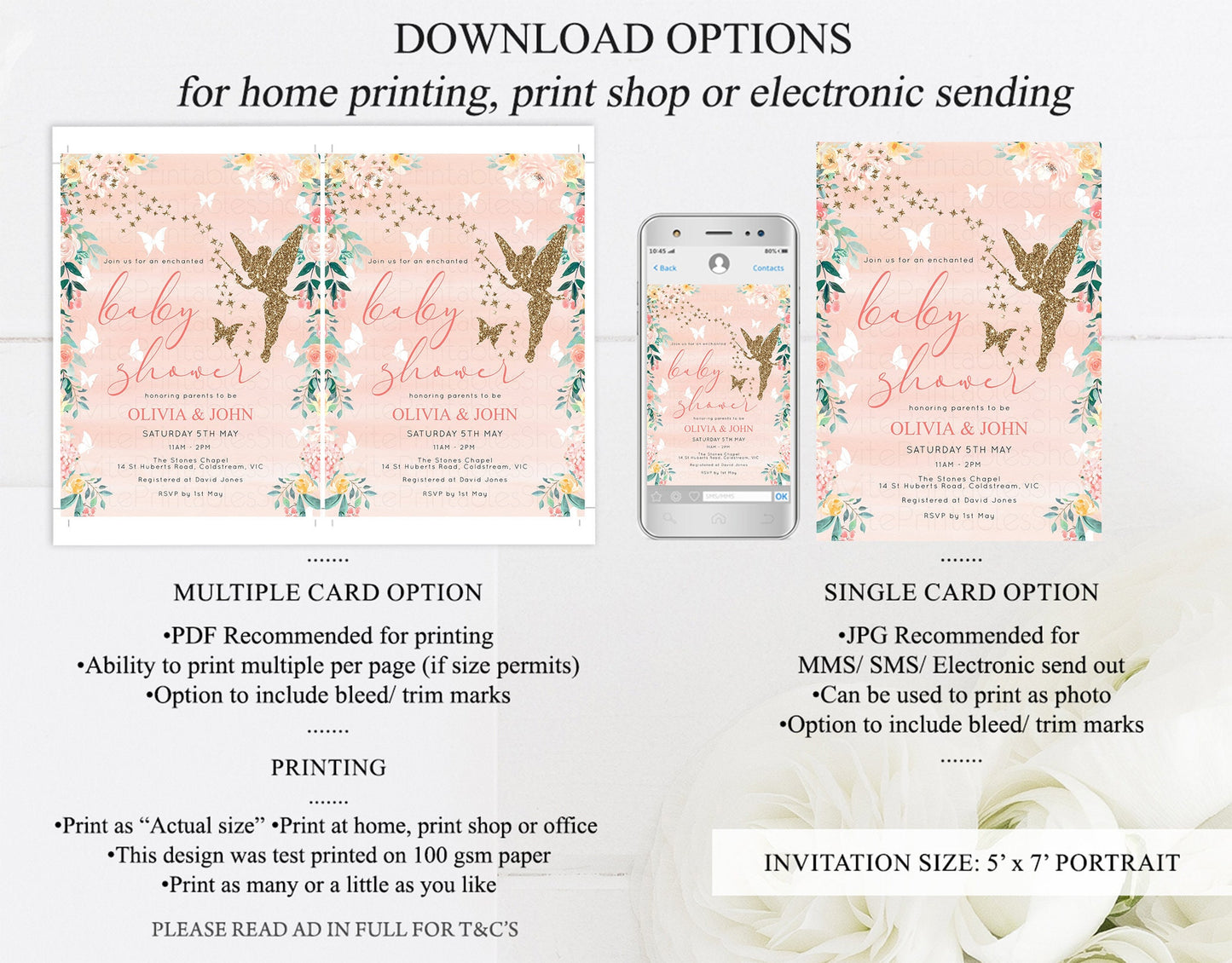 Fairy Baby Shower Invitation Enchanted Baby Shower Tinkerbell Gold Glitter Pixie Sprinkle Twinkle Stars Fairytale Pastel Watercolor Flowers