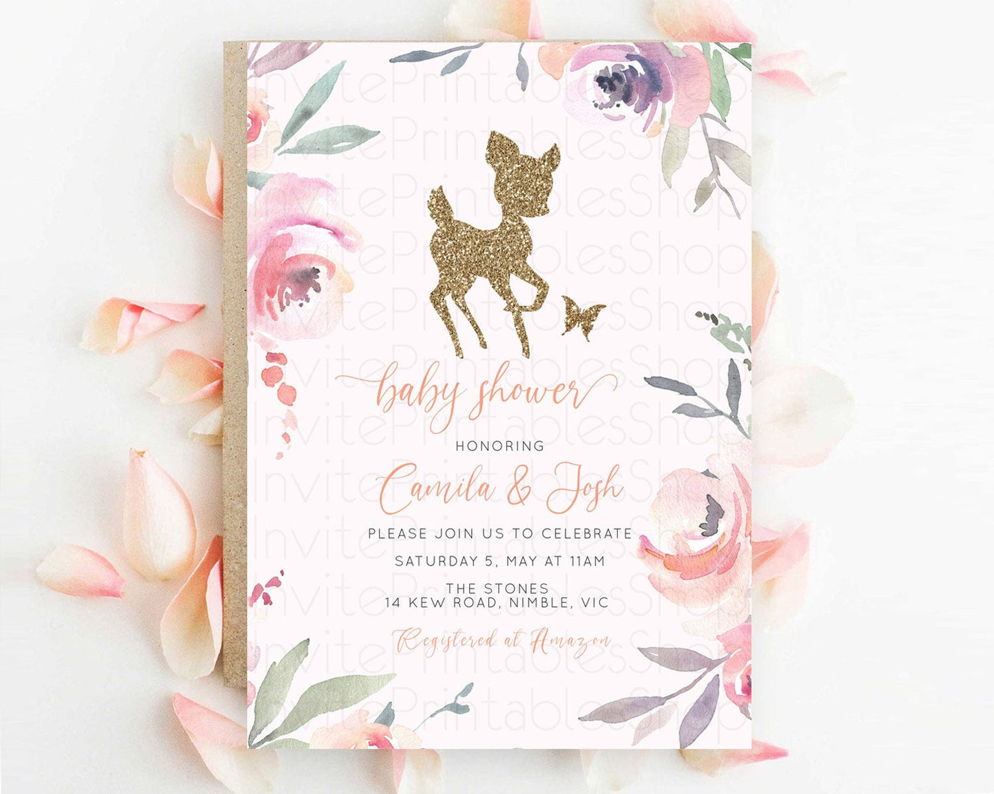 Fawn Baby Shower Invitation Deer Baby Shower Invites Enchanted Forest Theme Butterfly Pastel Flowers Whimsical Baby Shower D10196