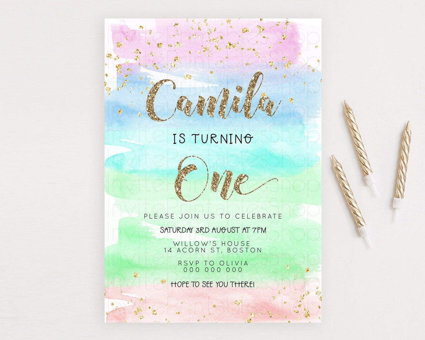 Rainbow Birthday Invitation Colorful Pastel Watercolor Invitation Gold Glitter Sprinkles Ombre Pastel 1st 2nd 3rd Birthday D23273