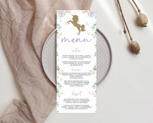 Editable Unicorn Garden Menu Floral Unicorn Menu Template Pastel Floral Secr