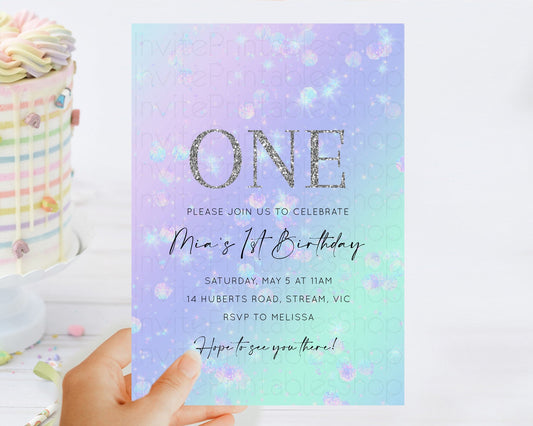 Rainbow Birthday Invitation Colorful Pastel Watercolor Iridescent Glitter Sprinkles Ombre Pastel Invitation 1st 2nd First Birthday D10663