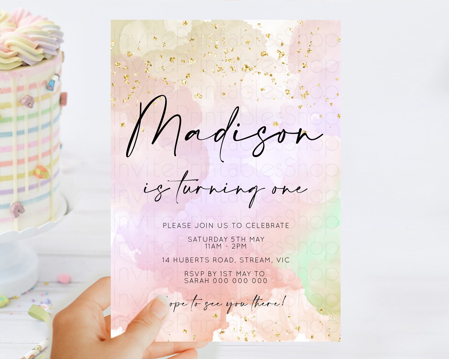 Editable Rainbow Birthday Invitation Colorful Pastel Watercolor Invitation G