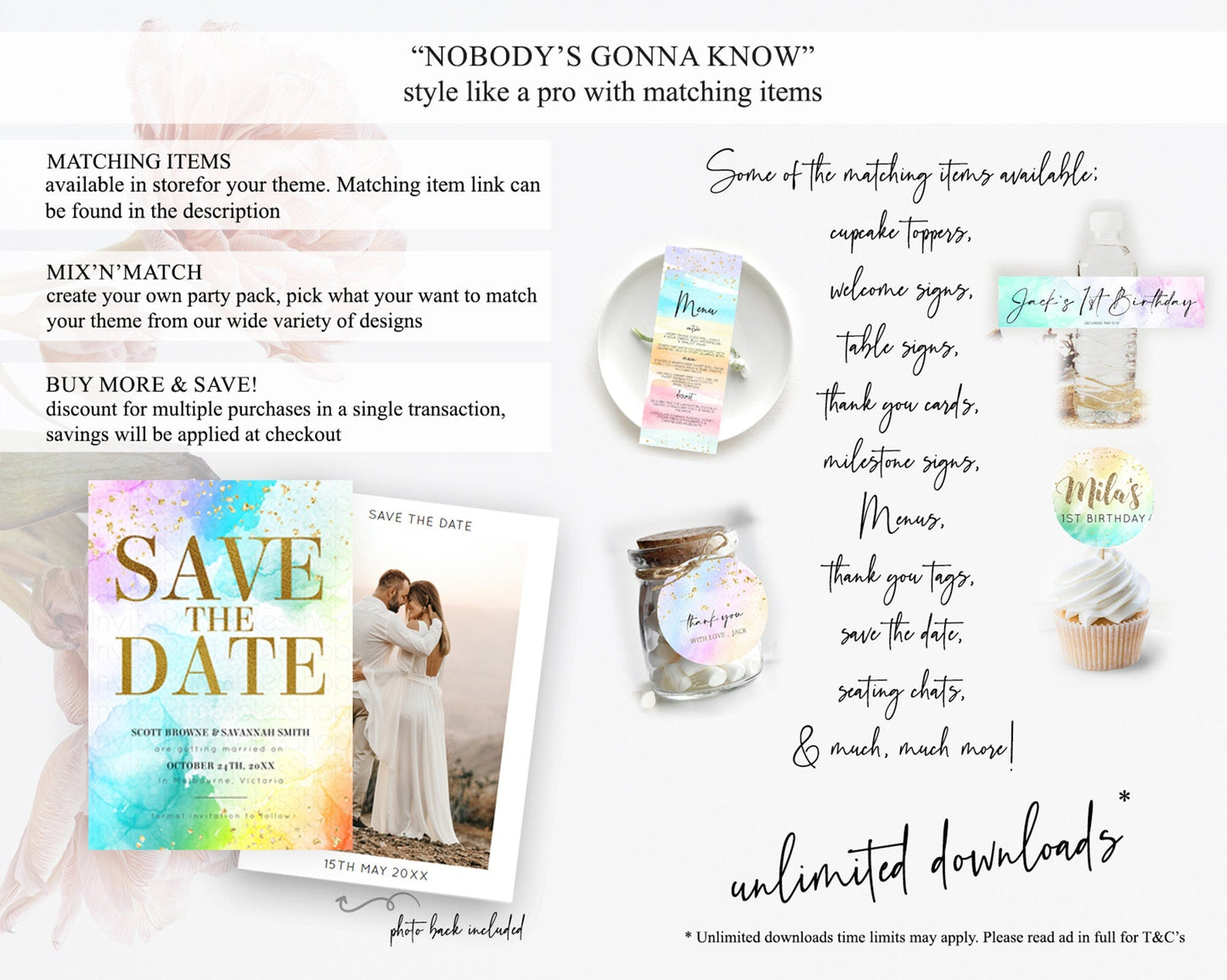 Pastel Save The Date Template Pastel Ombre Rainbow Watercolor Colorful Party For Birthday Baptism Baby Shower Wedding Bridal Shower D10961