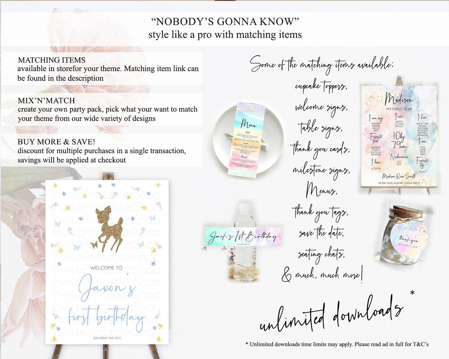 Fawn Welcome Sign Deer Welcome Board Floral Deer Welcome Poster Enchanted Forest Butterfly Pastel Floral First Birthday Welcome Sign D10360