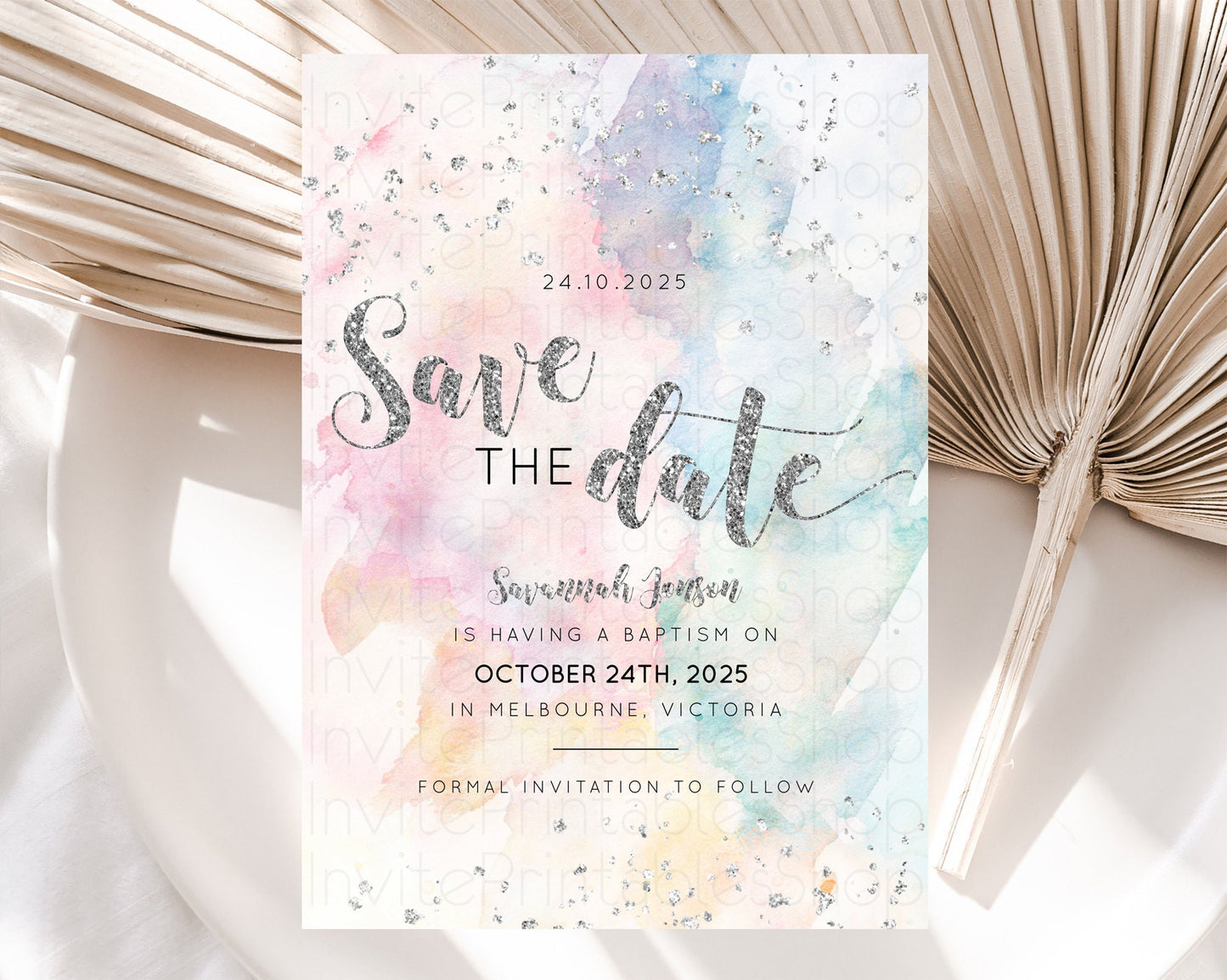 Editable Pastel Silver Save The Date Template Rainbow Colorful Ombre Colorfu