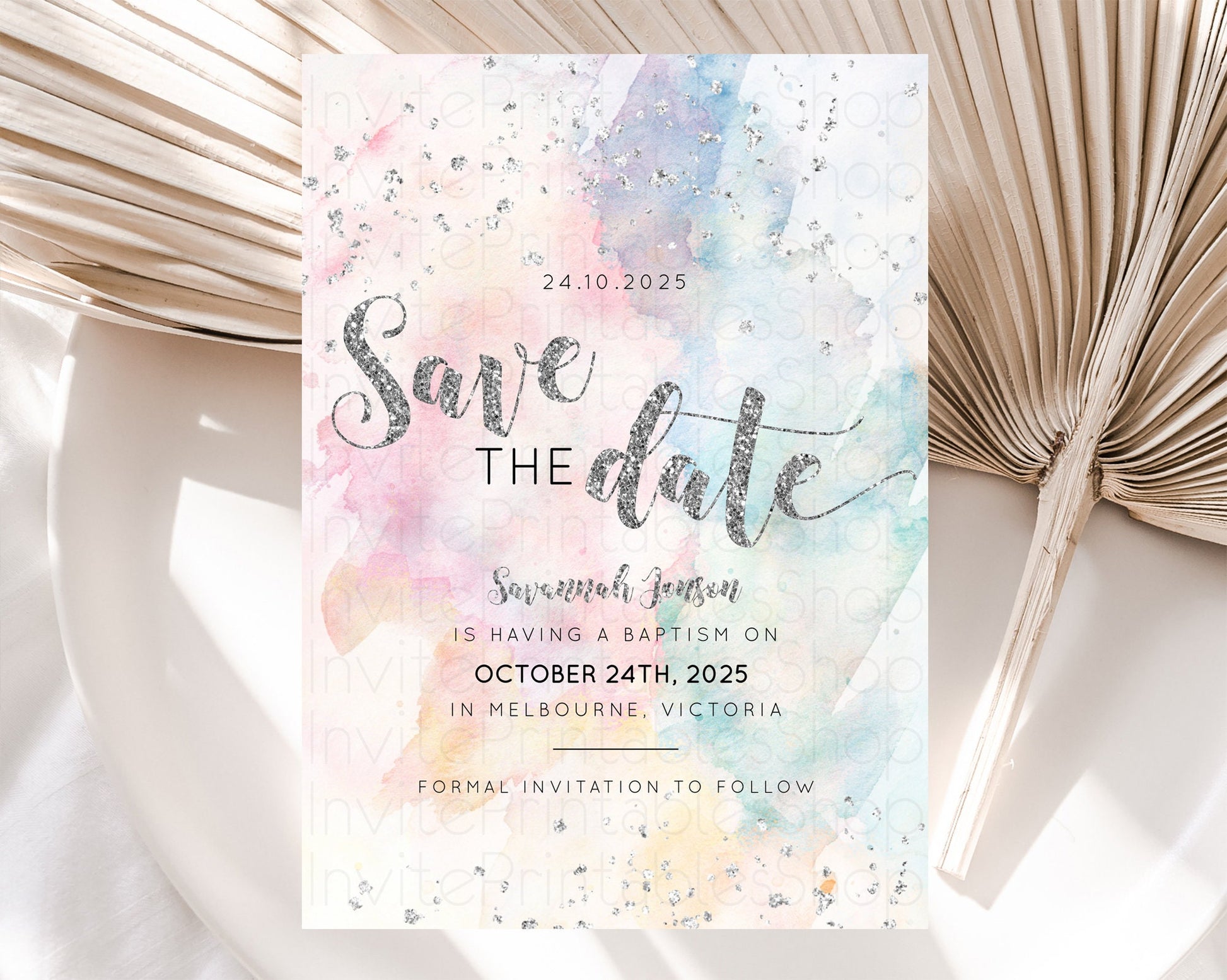 Editable Pastel Silver Save The Date Template Rainbow Colorful Ombre Colorfu