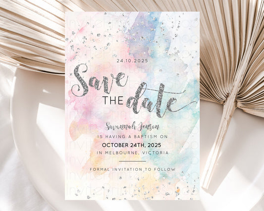 Editable Pastel Silver Save The Date Template Rainbow Colorful Ombre Colorfu