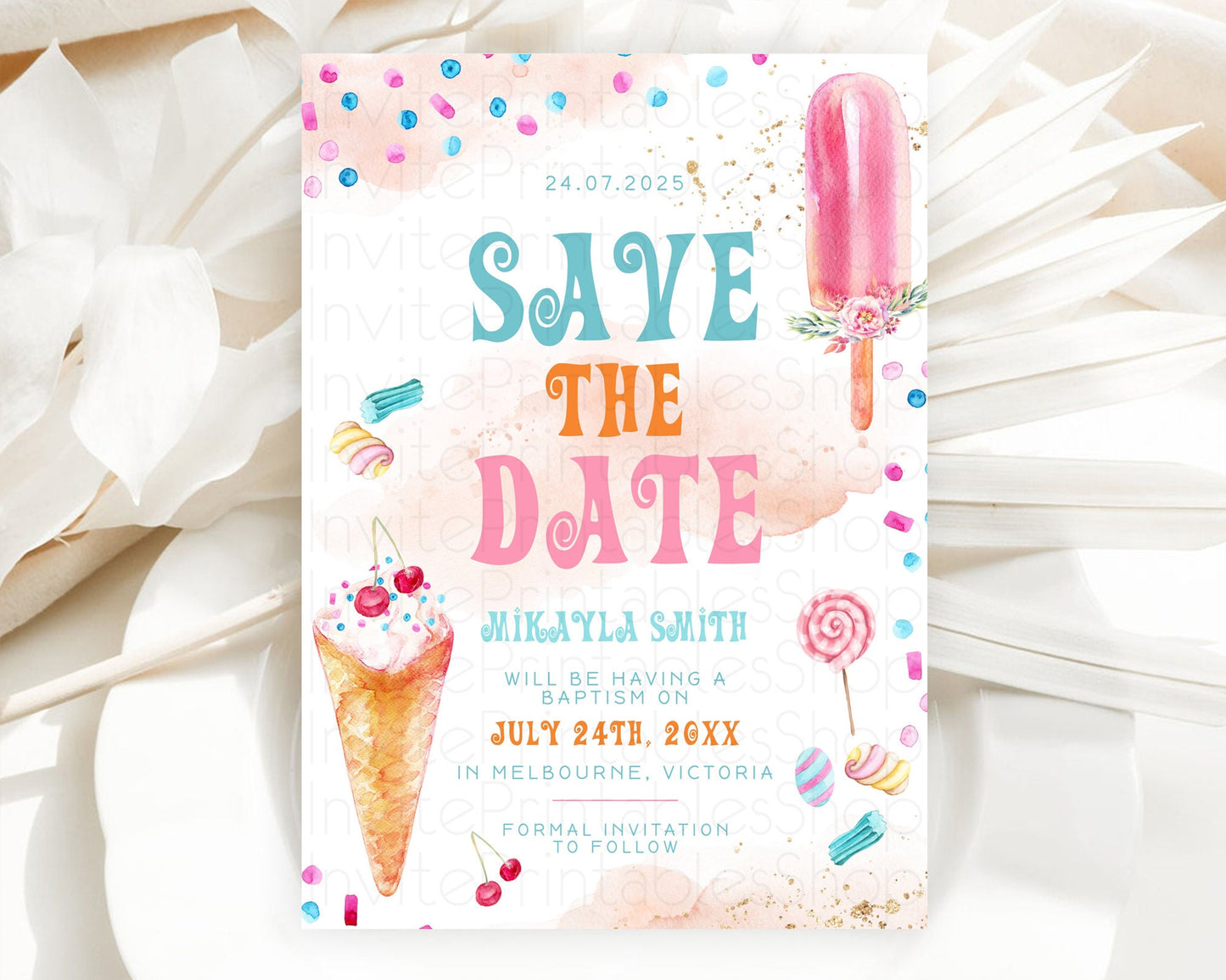 Ice Cream Save The Date Sweet One Save The Date Template Heres The Scoop Party Pastel Candy Theme 1st Birthday Baptism Baby Shower D10554