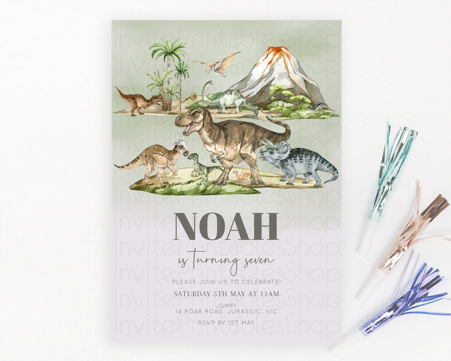 Dinosaur Birthday Invitation Dinosaur Volcano Invitation Watercolor Dinosaur Volcano T-Rex Raptor Jurassic 1st 2nd 3rd Birthday D10671